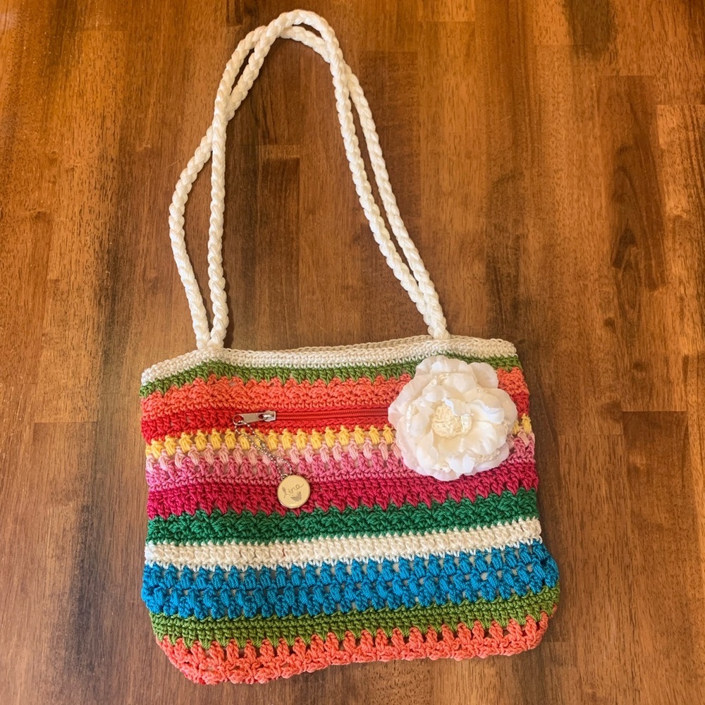 Lina Shoulder Bag Colorful Rainbow Stripe Crochet with Floral Pin Zipper Pull